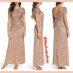 NWT $299 Adrianna Papell Sequin‎ Cowl Back Gown in Rose Gold [PETITE 2P ]